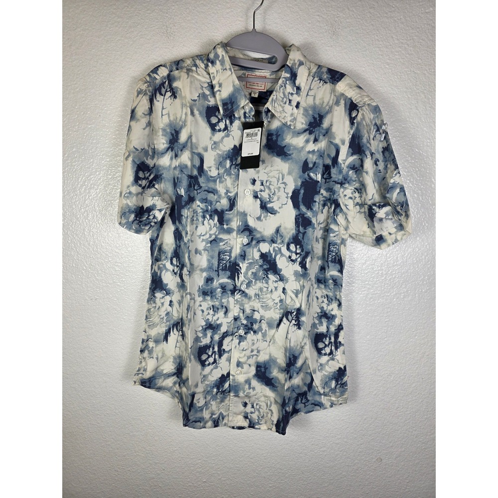 Guess Mens SS Wayco Sateen Floral Shirt‎ Blue White Slim Fit SIze Small